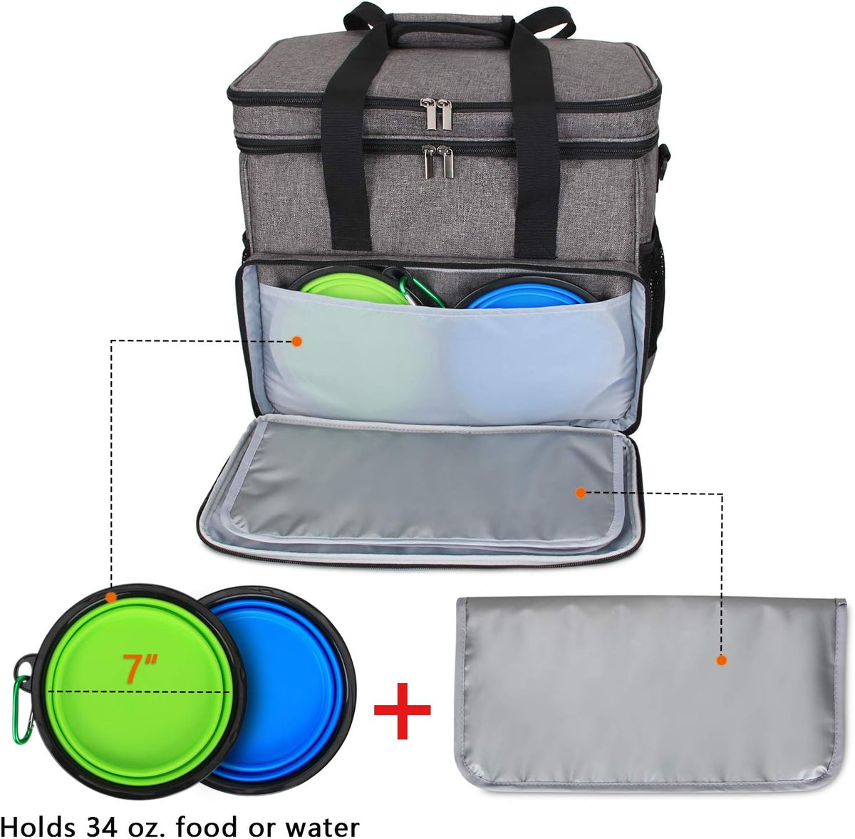 Teamoy Double Layer Dog Travel Bag, Dog Bag for Supplies with 2 Silicone Collapsible Bowls, 2 Food