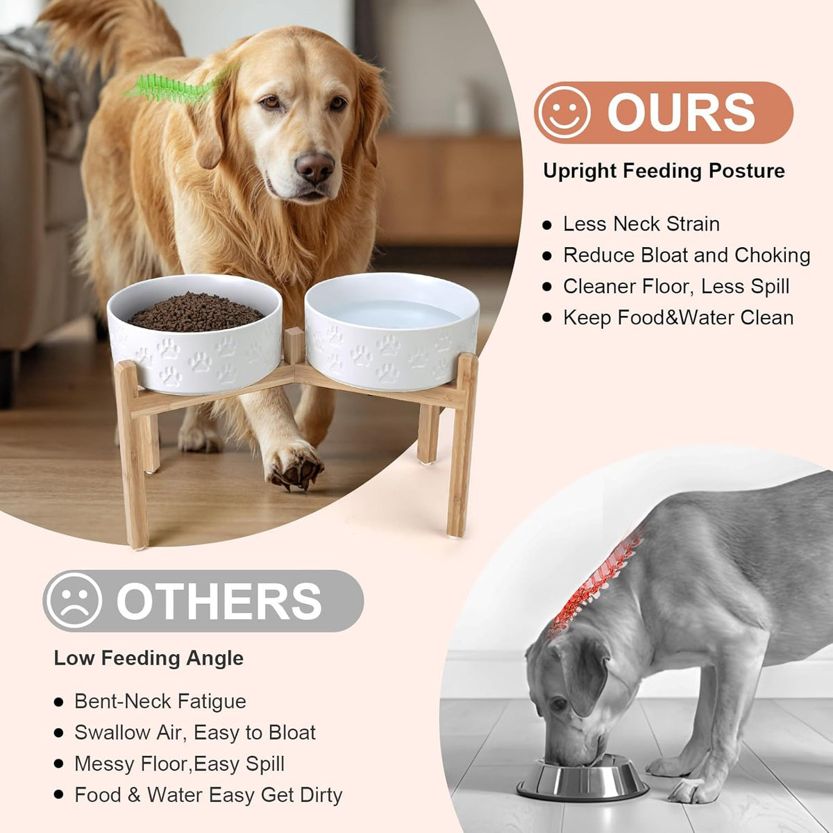 SPUNKYJUNKY Elevated Dog Bowls Ceramic, 8.3'' Dogs Food Water Bowls Raised with Non-Slip Bamboo