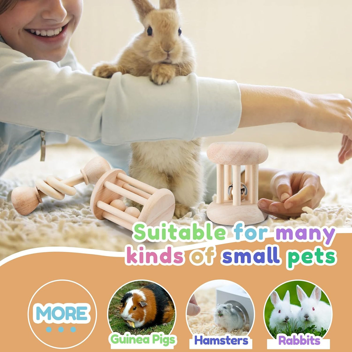3 Pcs Wooden Bunny Toys - Safe Rabbit & Guinea Pigs Teeth Grinding Toys for Chinchillas, Hamsters &