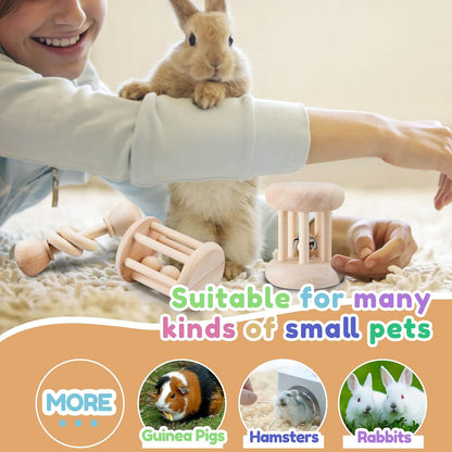3 Pcs Wooden Bunny Toys - Safe Rabbit & Guinea Pigs Teeth Grinding Toys for Chinchillas, Hamsters &