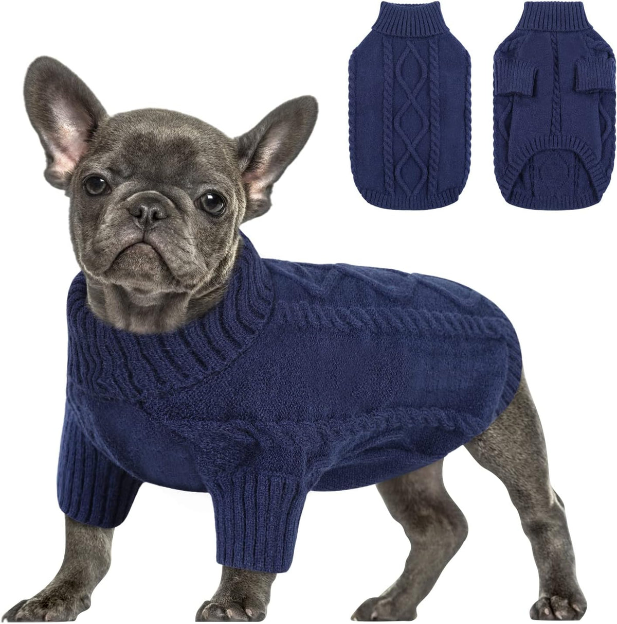 Queenmore Small Dog Pullover Sweater, Cold Weather Cable Knitwear, Classic Turtleneck Thick Warm