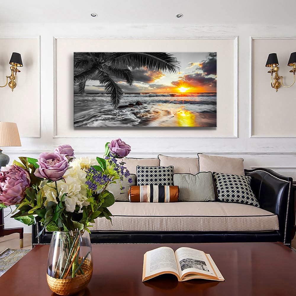 Yxbhhym-Black and White Wall Art Beach Décor Large Ocean Canvas Pictures Wave Sunrise Seascape