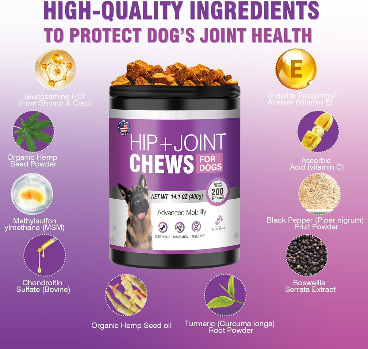 Glucosamine for Dogs 200pcs Joint Support Supplement Dog Hip and Joint Chondroitin Chews Treats