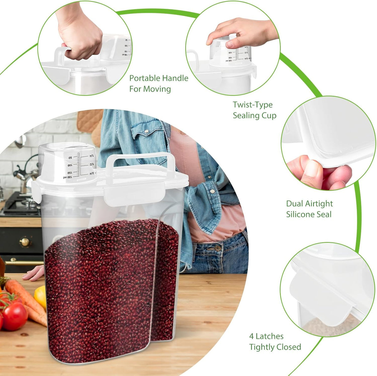 Rice Storage Container, 5 to 10lb Dry Food Airtight Dispenser, Pet Dog Cat Food Canister, BPA Free