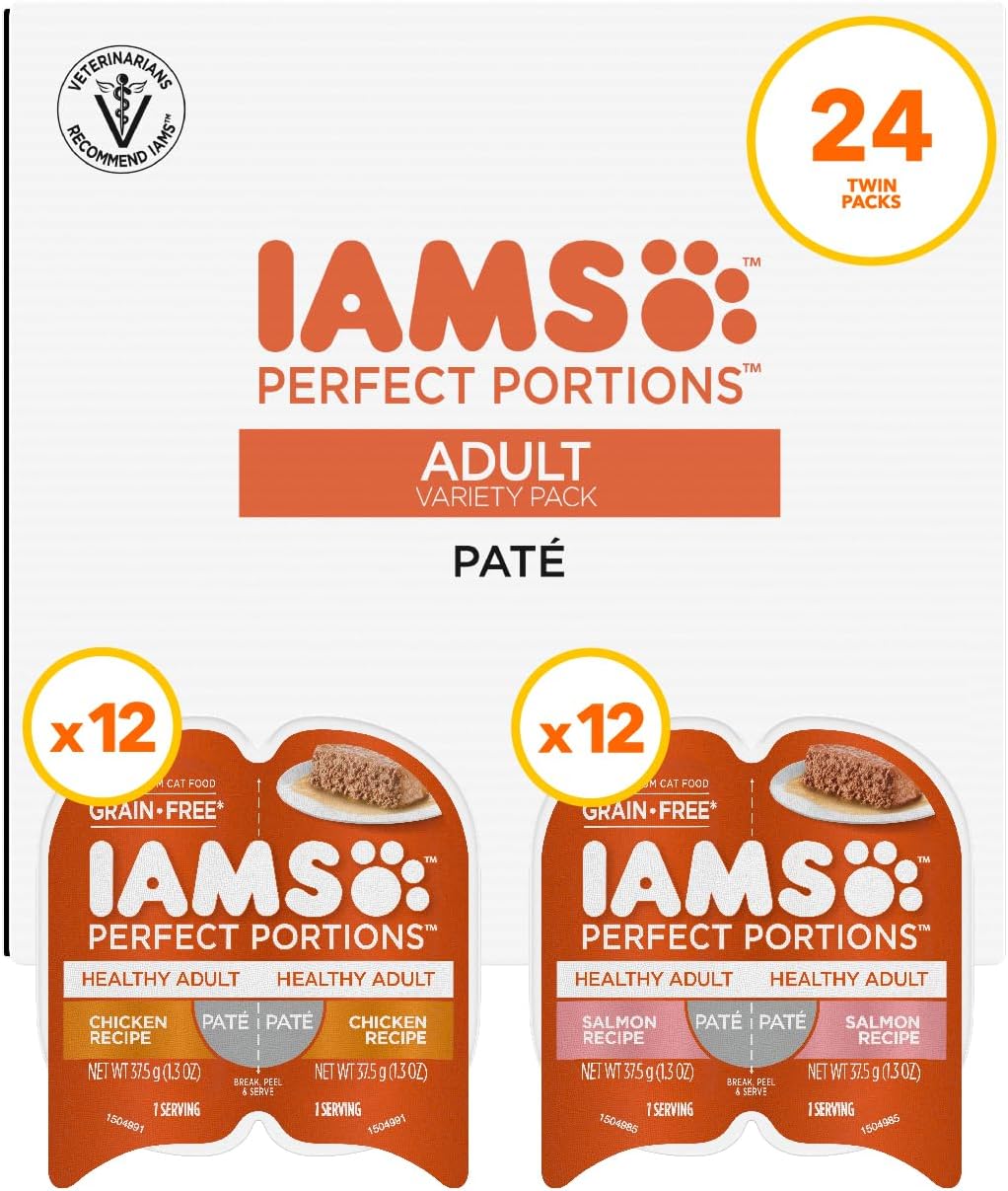 IAMS Perfect Portions Healthy Adult Wet Cat Food Pate, Chicken and Salmon Recipe Variety Pack, 2.6