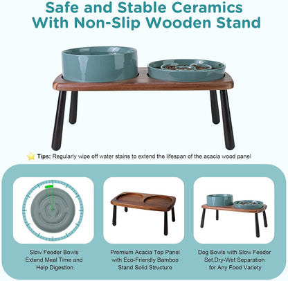 SPUNKYJUNKY Ceramic Elevated Dog Bowls with Slow Feeder Raised Acacia Bamboo Wooden Stand, 8.3''