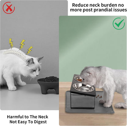 Upgraded Elevated Cat Bowls with Food Mat,15°Tilted Stand Anti Vomiting Raised Cat Dishes for Food