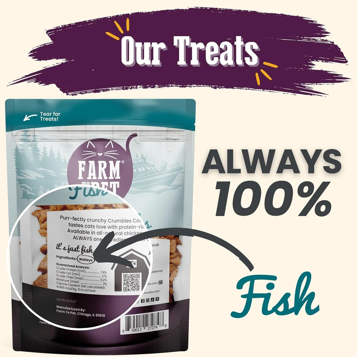 Farm To Pet - Cat Treat Crumbles - 3 oz Single Ingredient Fish Treat and Snacks - Healthy for