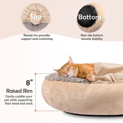 JOEJOY Small Dog Cat Bed With Hooded Blanket, Cozy Cuddler Luxury Puppy Pet Donut Round Calming