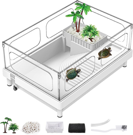 Small Turtle Tank, Aquarium, Acrylic Terrarium with Basking Platform, Bottom Drainage