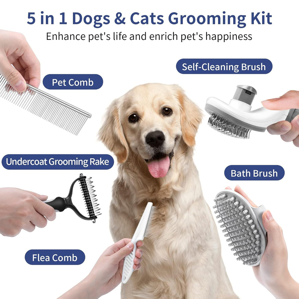 5 in 1 Dog Grooming Kit - Self-Cleaning Slicker Brush for Shedding Short Long Haired Dogs & Cats