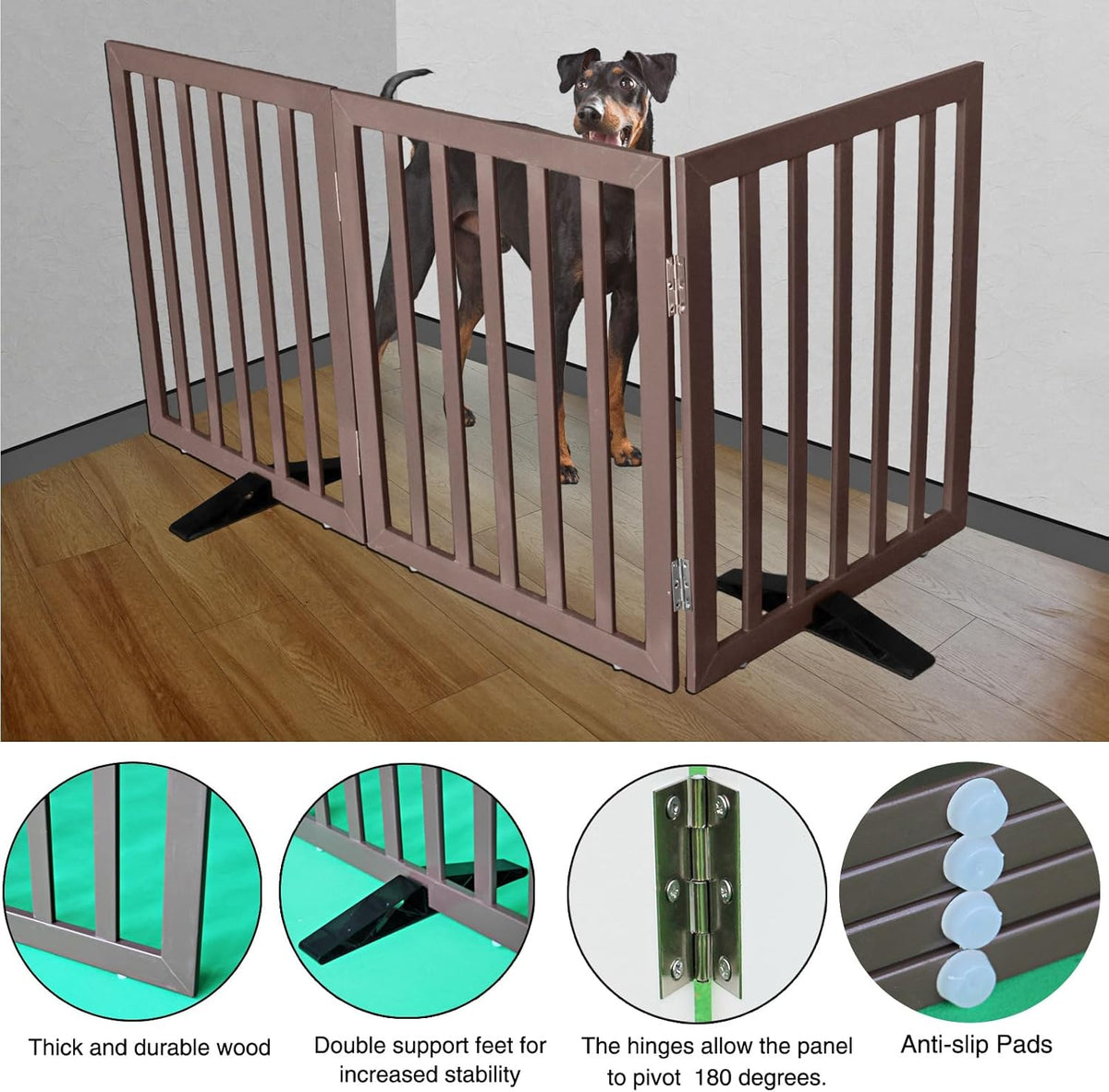 ZJSF Freestanding Indoor Dog Gate for House Foldable Wood Puppy Gate for Doorways Pet Gate for