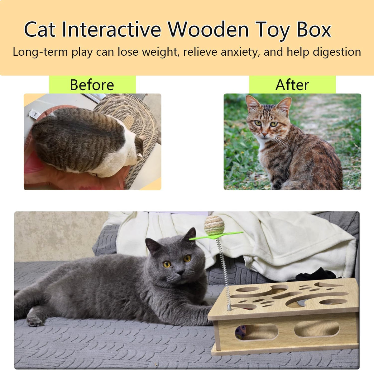 Interactive Wooden Cat Puzzle Toy Box Indoor Hunting Play Toy to Stimulate Your Cat’s Energy and