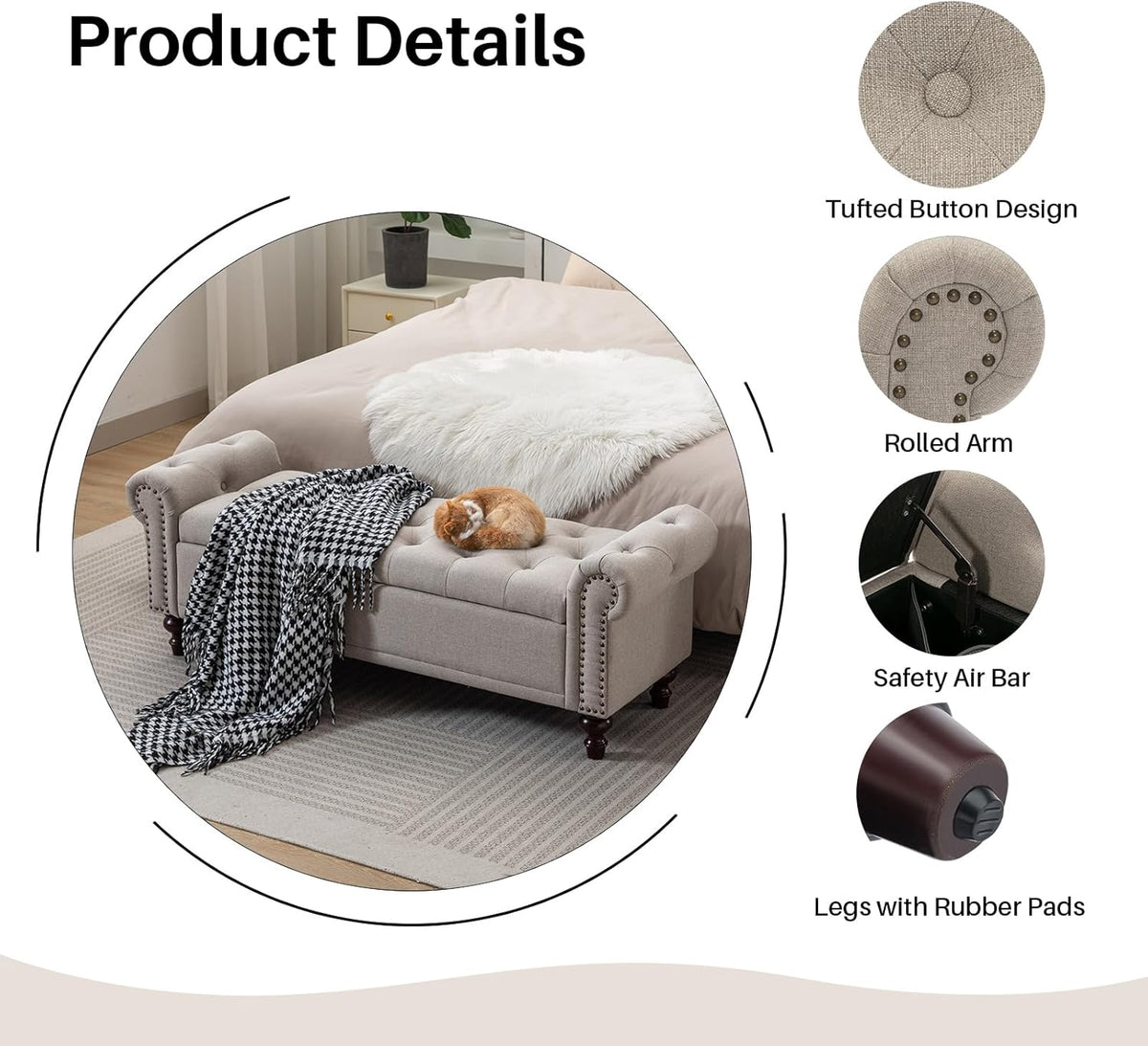 58.1'' Storage Bench Upholstered Linen End of Bedroom Bed Bench Ottoman with Tufted Cushioned