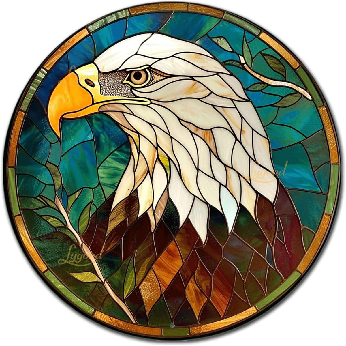 Lygond Metal Sign Tin Sign Circular Stained Glass Bald Eagle Boho Decorations for Home for Bar 8×8