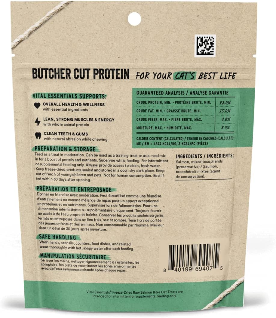 Vital Essentials Salmon Bites Cat Treats, 1.1 oz | Freeze-Dried Raw | Single Protein | Grain Free