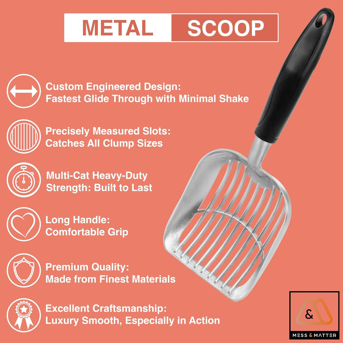 Heavy Duty Full Metal Cat Litter Scoop with Holder - Speed Sifter Litter Box Scooper Captures All