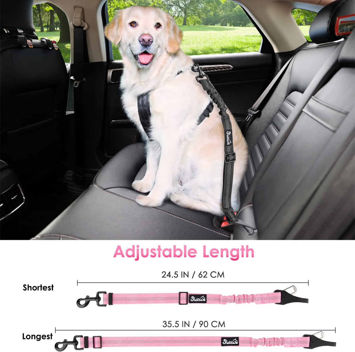 SlowTon Dog Seat Belt, Adjustable Dog Safety Belt Leash, 2 in 1 Latch Bar Attachment Dog Car