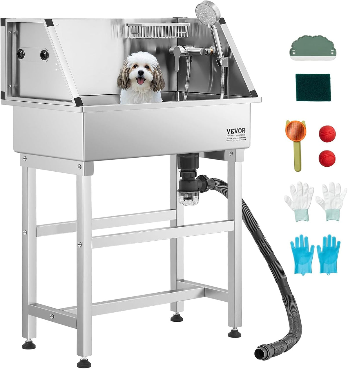 VEVOR Stainless Steel Dog Washing Station, 34 inch Pet Grooming Tub w/Faucet & Showerhead & Soap