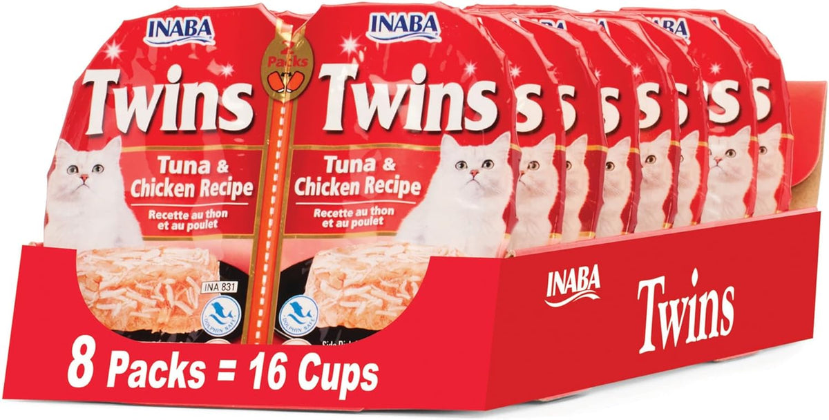 INABA Twins for Cats, Grain-Free Shredded Chicken & Broth Gelée Side Dish Cups, Tuna & Chicken