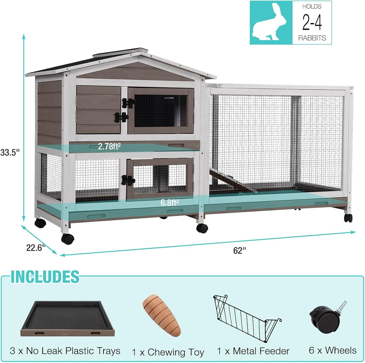 62" Rabbit Hutch with Chew-Proof Ramp & Waterproof Roof - Indoor/Outdoor Bunny Cage, 2-Story