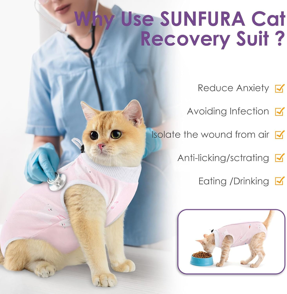 SUNFURA Cat Recovery Suit, Kitten Surgical Full Bodysuit for Abdominal Wound Protector Anti Licking