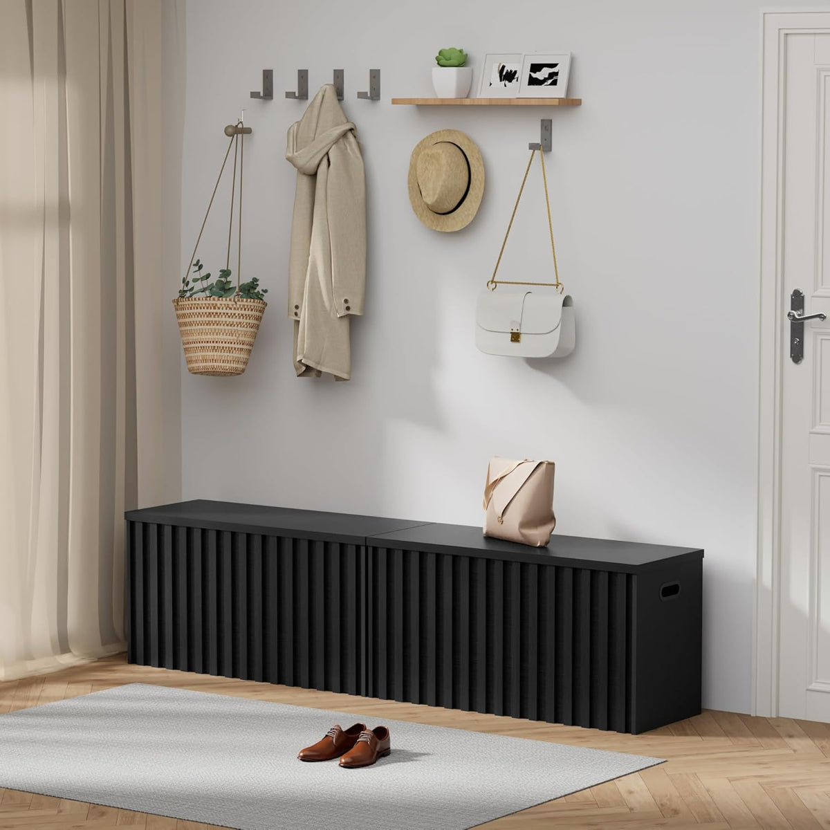 UEV Black Storage Bench Set of 2, 39.4" Fluted Wood Storage Trunk with 2 Safety Hinges, Sturdy