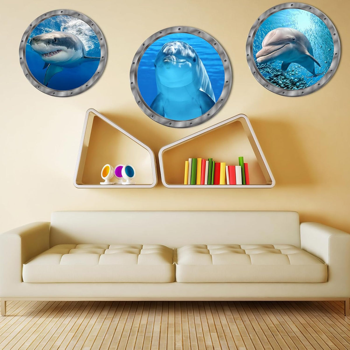Ocean Animals World Under Sea Decor Includ Dolphins Sharks 3 Pcs Removable 3D Peel and Stick Vinyl