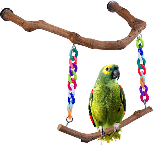 Bird Swing Toys, Standing Bird Perch with Natural Grape Wood, U Shape Hangable Birdcage