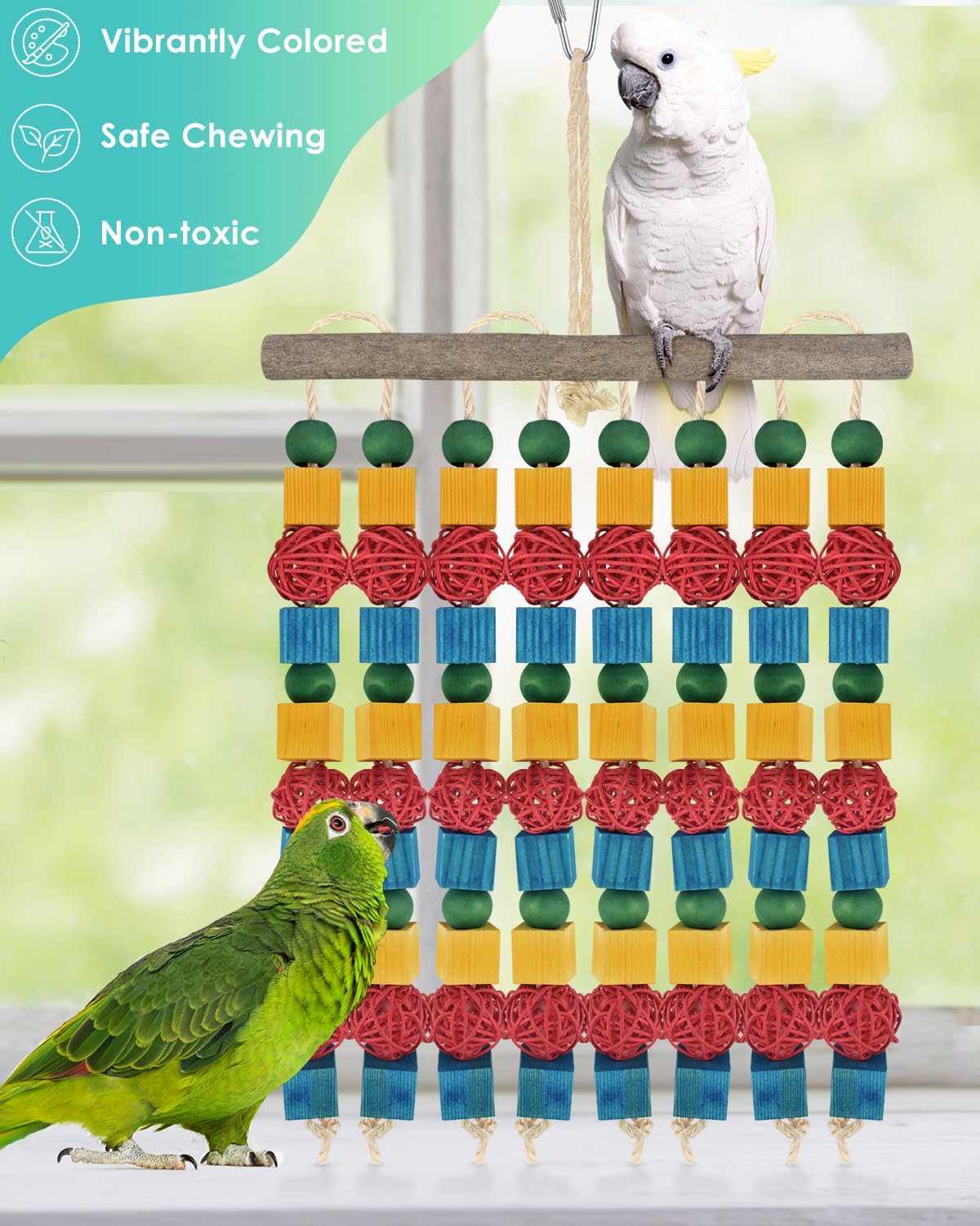 Large Parrot Toys, 17.7 inch Multicolored Natural Wooden Blocks Beads Rattan Balls, Bird Chew and