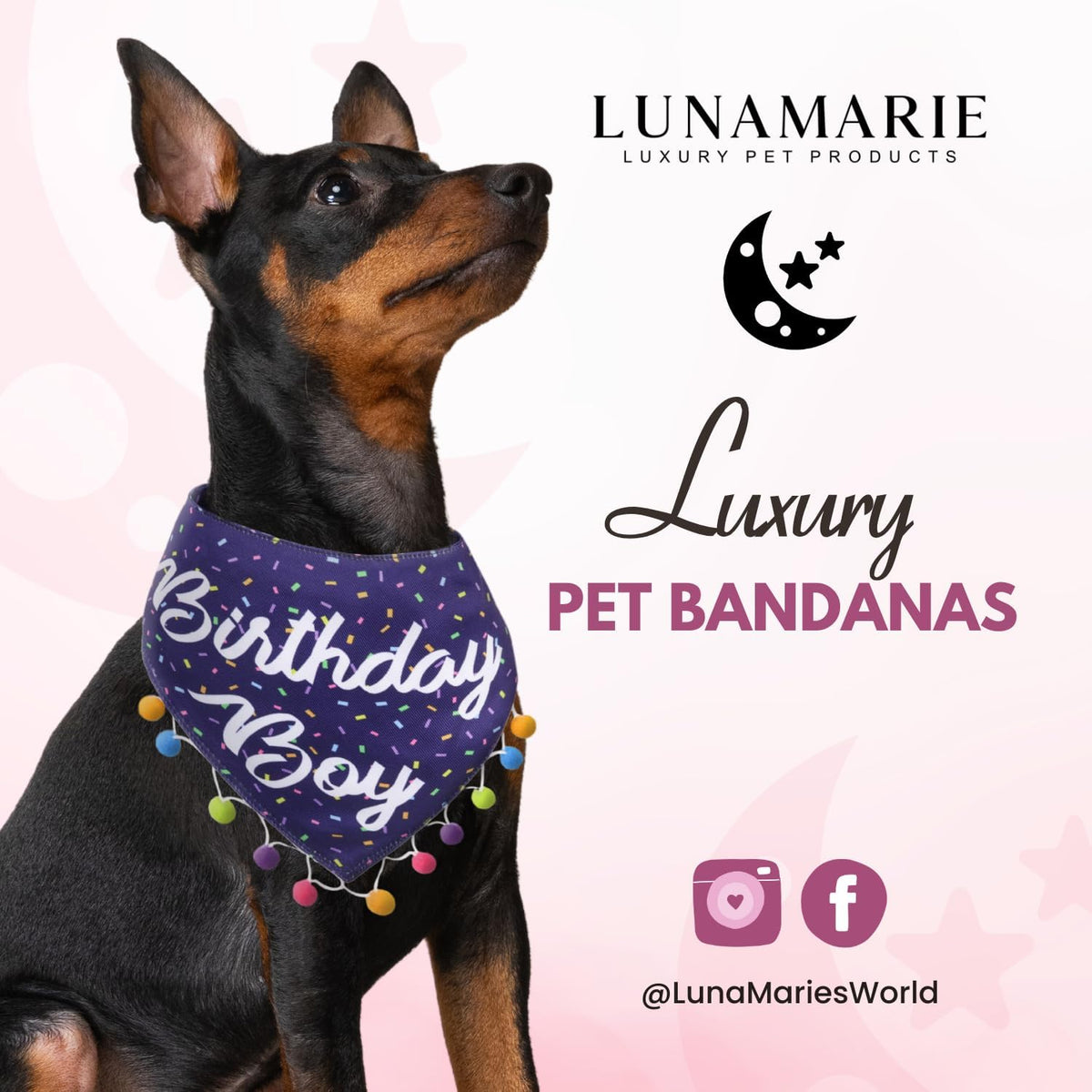 LunaMarie - Luxury Pet Birthday Bandanas -Premium & Silky Poly Fabric | 100% Handmade | Custom