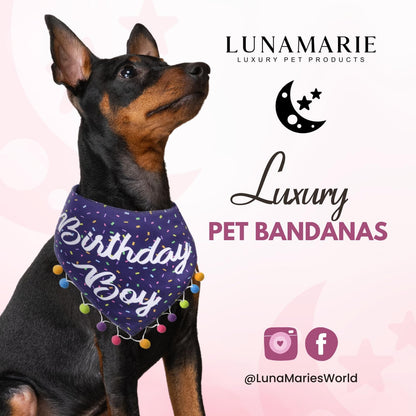 LunaMarie - Luxury Pet Birthday Bandanas -Premium & Silky Poly Fabric | 100% Handmade | Custom