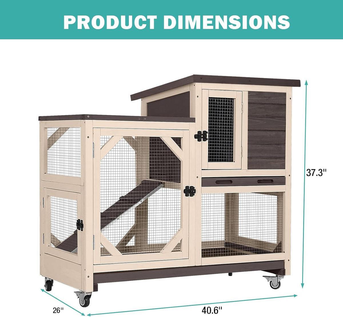Rabbit Hutch Indoor for 2-4 Rabbits & Guinea Pigs，Bunny Cage with Slide-Out Plastic Trays，Wooden