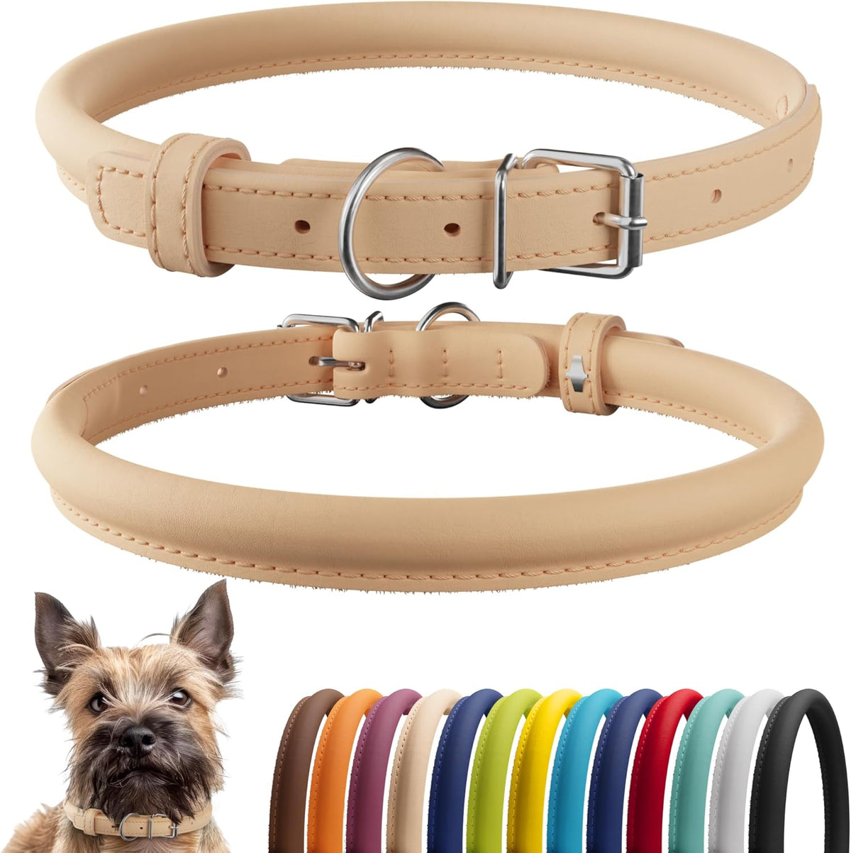 CollarDirect Rolled Leather Dog Collar, Soft Padded Round Puppy Collar, Handmade Genuine Leather