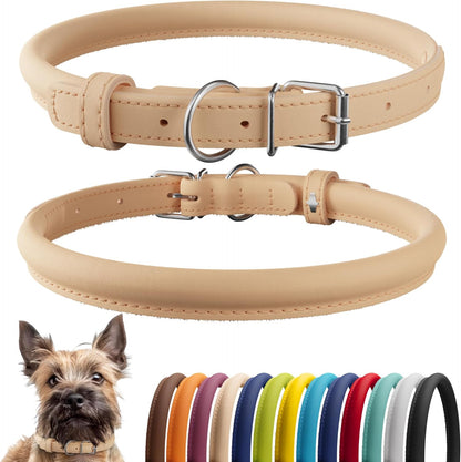 CollarDirect Rolled Leather Dog Collar, Soft Padded Round Puppy Collar, Handmade Genuine Leather