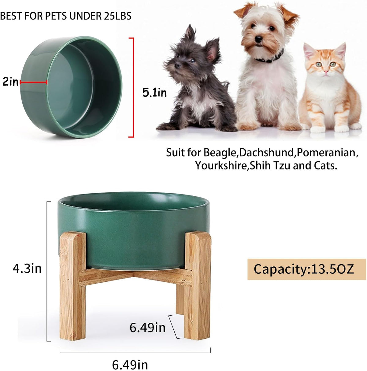 Petygooing Green Elevated/Raised Ceramic Dog Bowl for Small Breeds, Dog Food Water Dish with