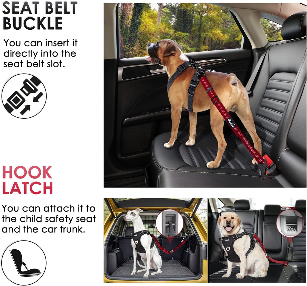 SlowTon Dog Seat Belt, Adjustable Dog Safety Belt Leash, 2 in 1 Latch Bar Attachment Dog Car