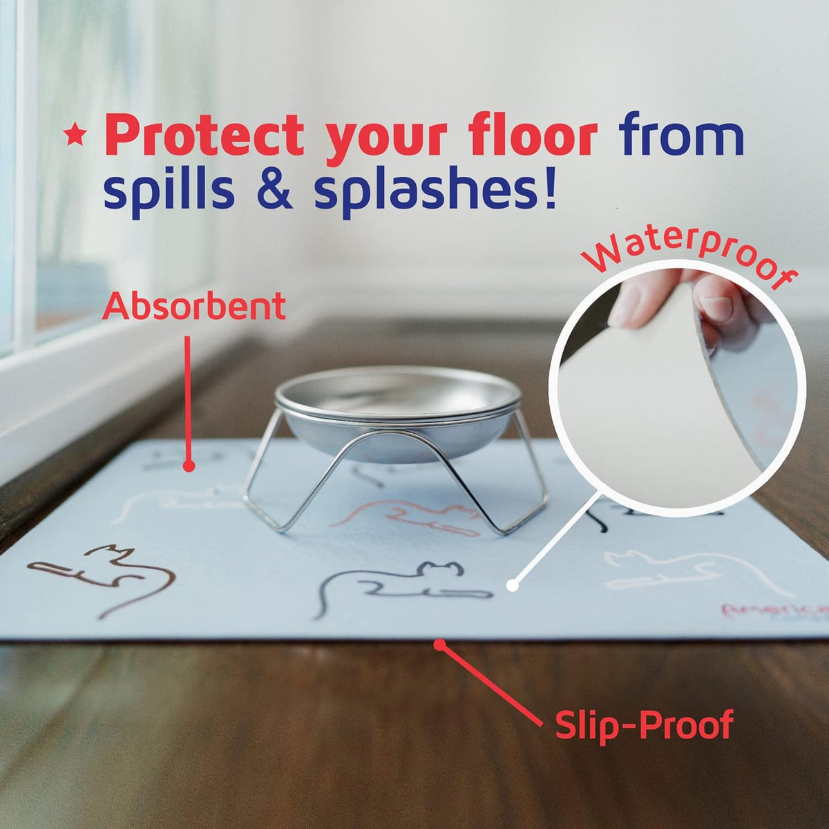 Cat Feeding Mat by Americat for Cat Food & Water Bowls – Machine Washable, Waterproof, No-Slip &