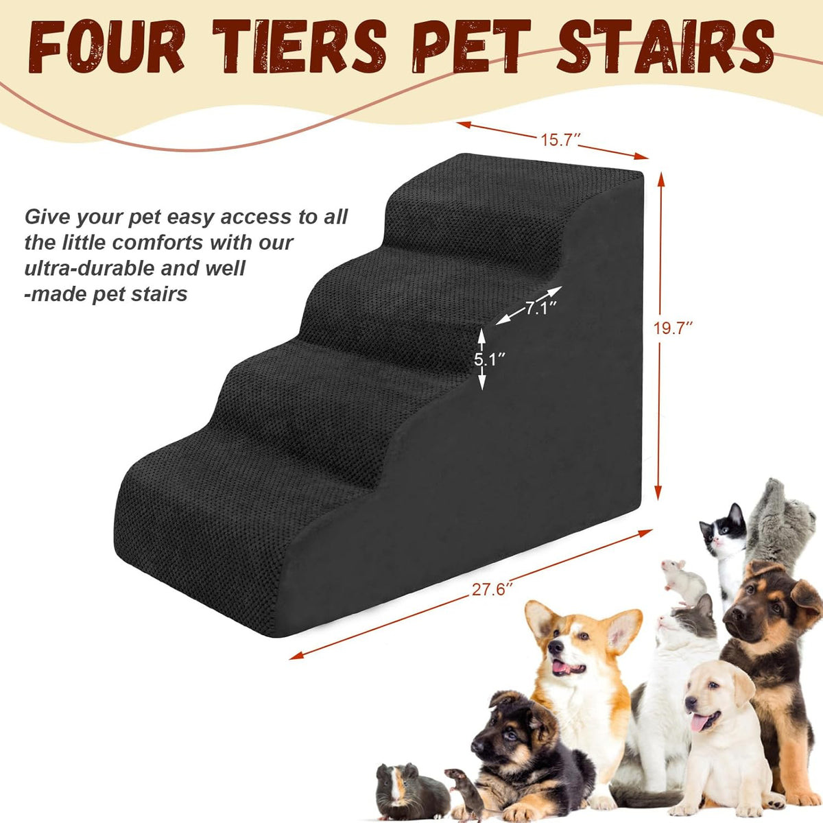 Dog Stairs for Small Dogs - High Density Foam Pet Steps, Extra Wide Dog Ramp with Non-Slip Bottom
