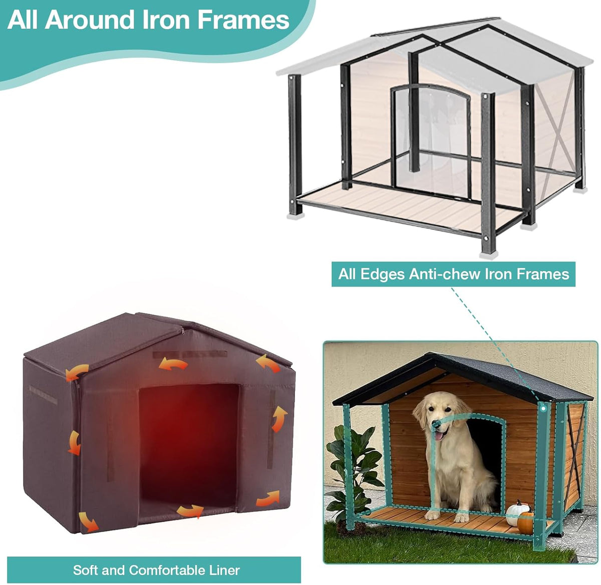 Outdoor Dog House,Weatherproof Wooden Dog Shelter for Medium and Large Sized Dogs,Iron Frame Indoor