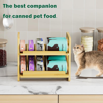 Rolling Bamboo Cat Food Can Organizer, 2-Layer Wet Cat Food Storage Container Holds 42 (3oz) Cans