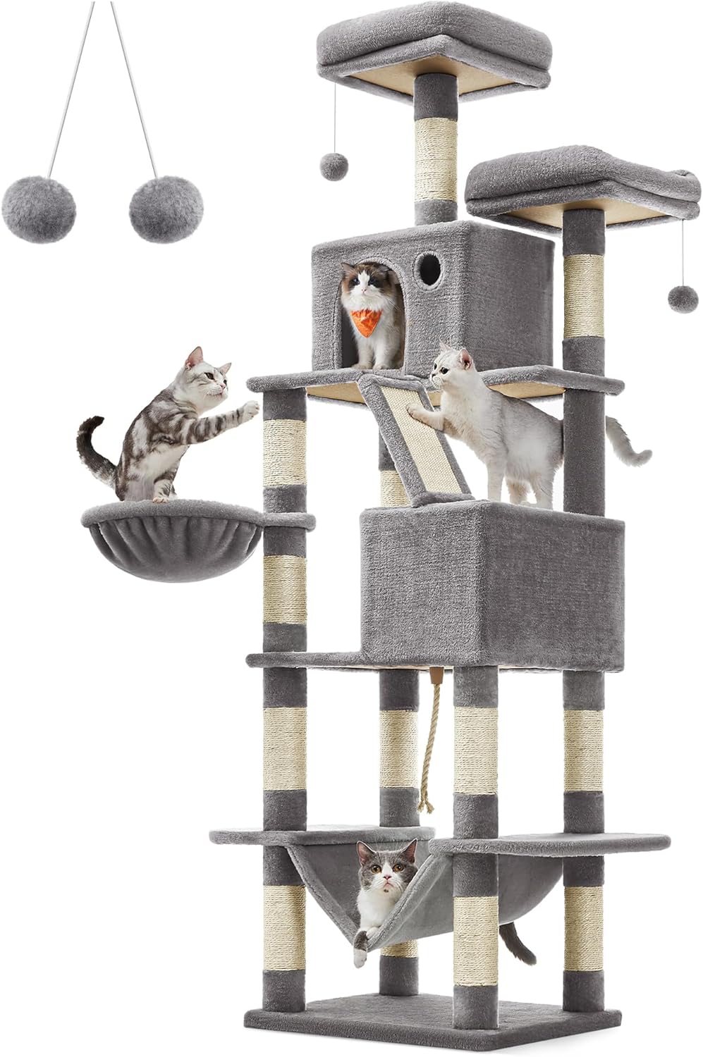 Feandrea Cat Tree, 81.1-Inch Large Cat Tower with 13 Scratching Posts, 2 Perches, 2 Caves, Basket
