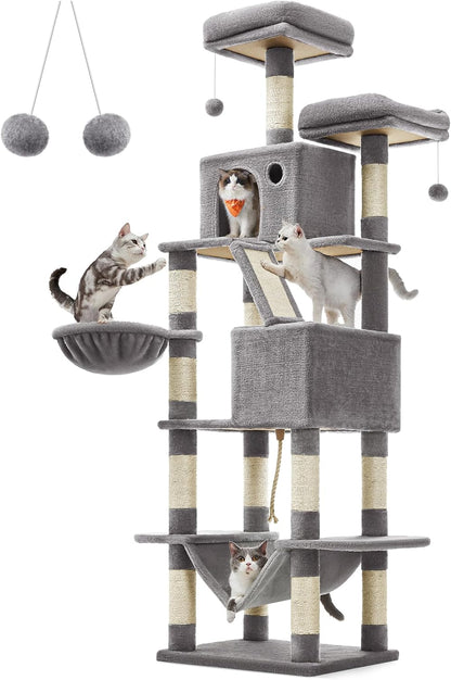 Feandrea Cat Tree, 81.1-Inch Large Cat Tower with 13 Scratching Posts, 2 Perches, 2 Caves, Basket