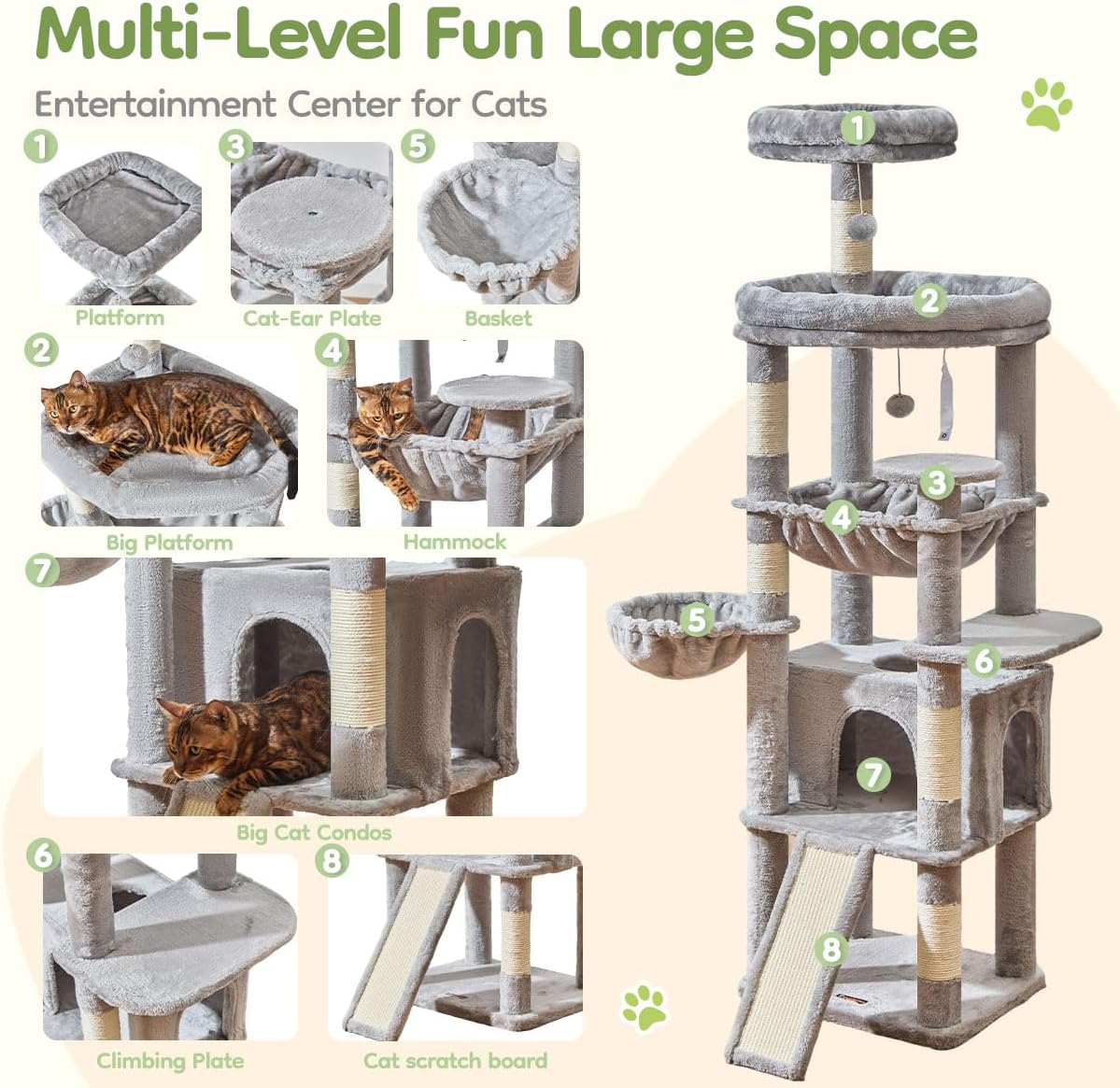 Taoqimiao 72 Inches Cat Tree for Large Cats, Multi-Level Tall Cat Tower, Widened Cat Condo with