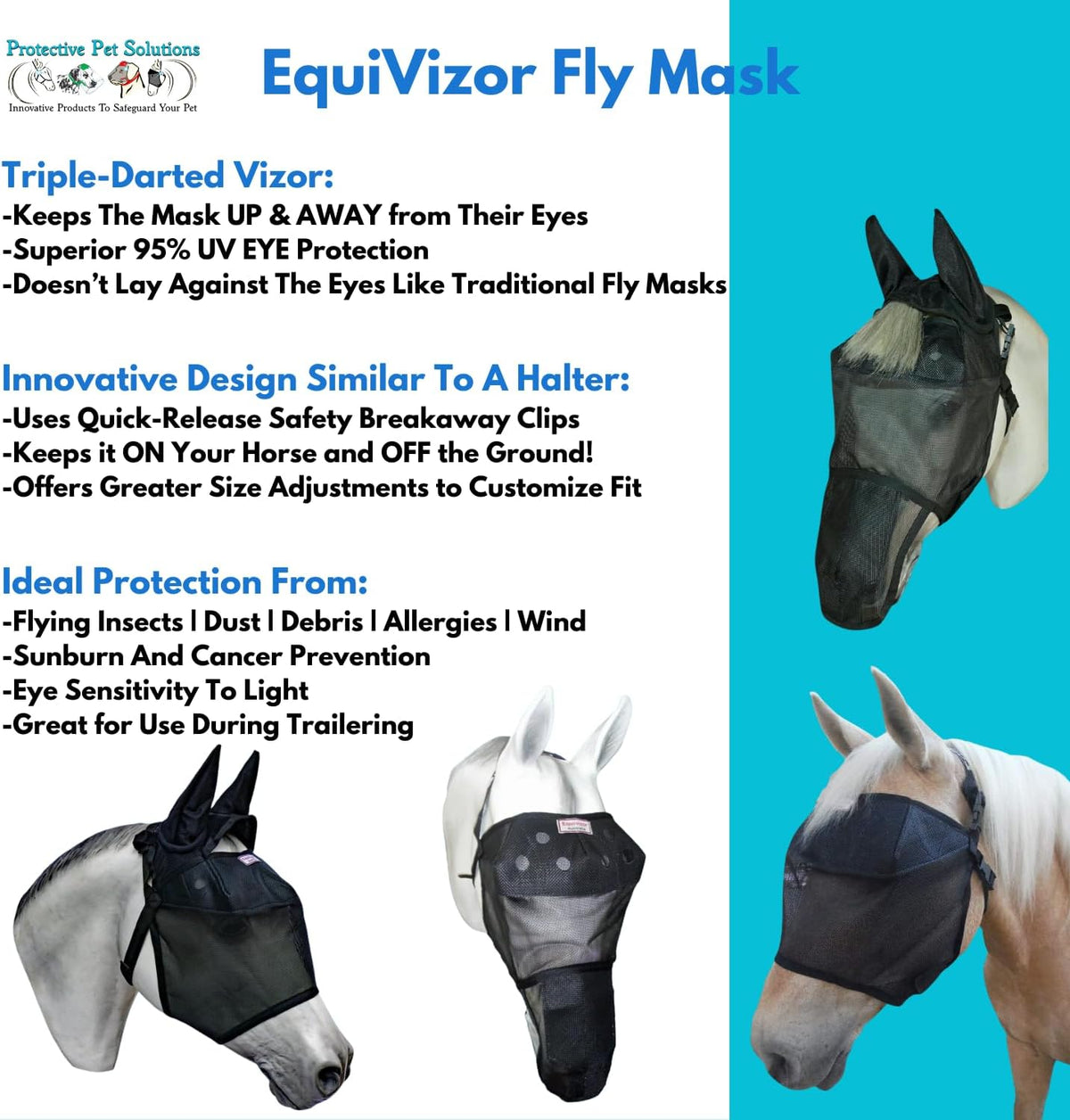95% UV Eye Protection (Pony) Standard Horse Fly Mask - Help with Uveitis, Corneal Ulcer, Cataract