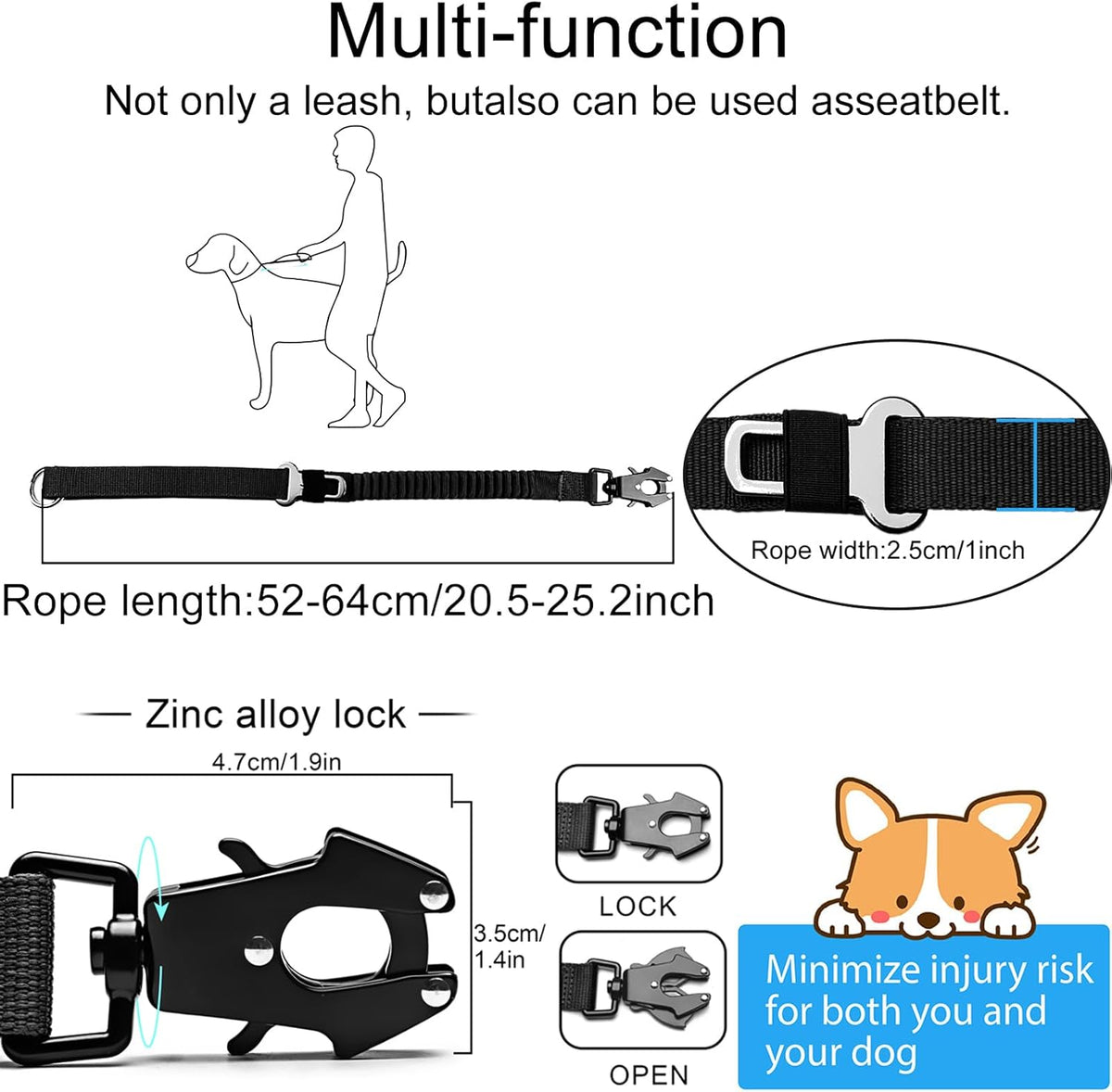 20” Strong Short Leash for Dog, Heavy Duty Bungee Dogs Leash with Padded Handle Car Seatbelt, Small