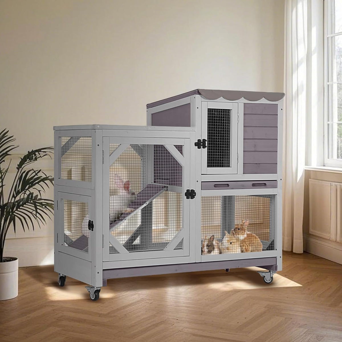 Rabbit Hutch Indoor for 2-4 Rabbits & Guinea Pigs，Bunny Cage with Slide-Out Plastic Trays，Wooden
