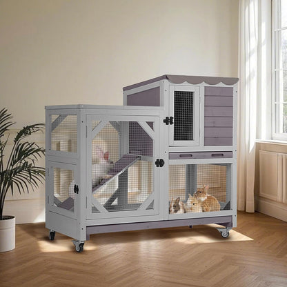 Rabbit Hutch Indoor for 2-4 Rabbits & Guinea Pigs，Bunny Cage with Slide-Out Plastic Trays，Wooden