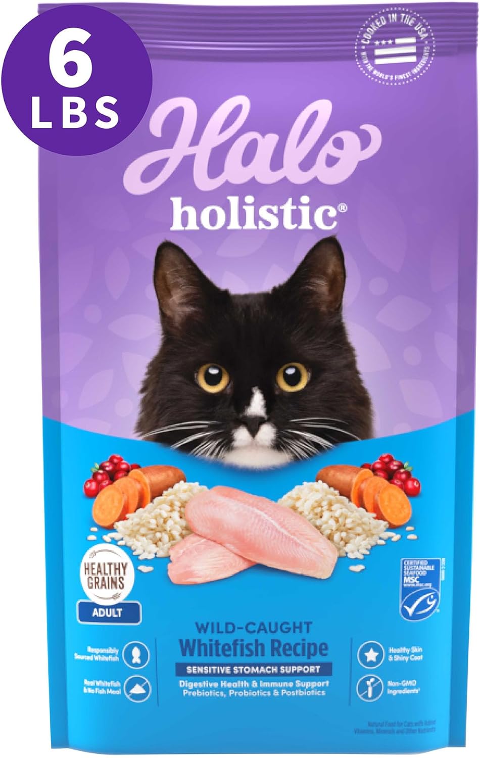 Halo Holistic Cat Food Wild Caught Salmon & Whitefish Formula, Healthy Grains Dry Cat Food, For