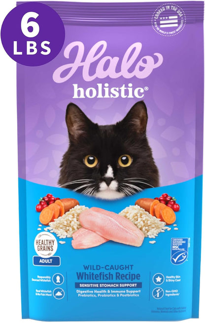 Halo Holistic Cat Food Wild Caught Salmon & Whitefish Formula, Healthy Grains Dry Cat Food, For